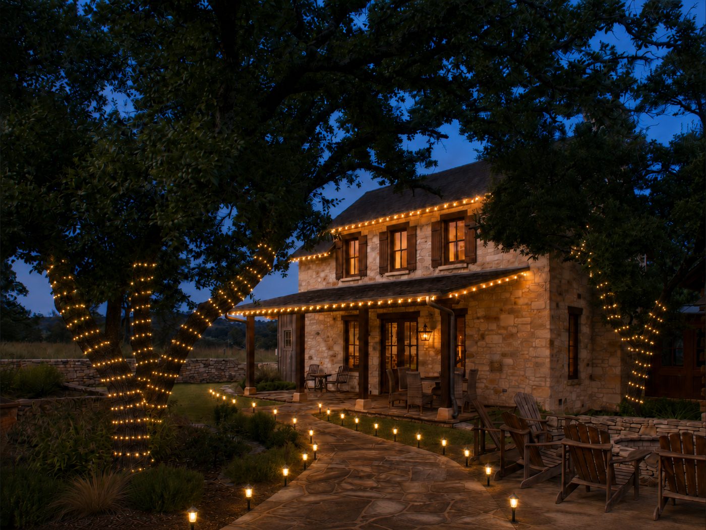 Commercial property with professional warm white Christmas lighting on the building and landscaping