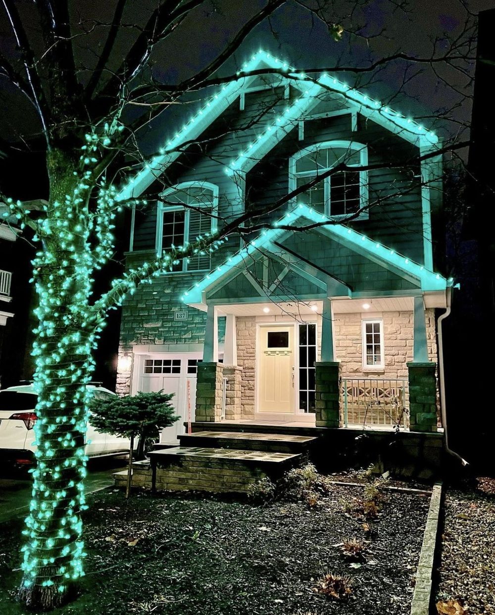 Home with teal C9 Christmas roofline lights and a large tree fully wrapped in teal lights